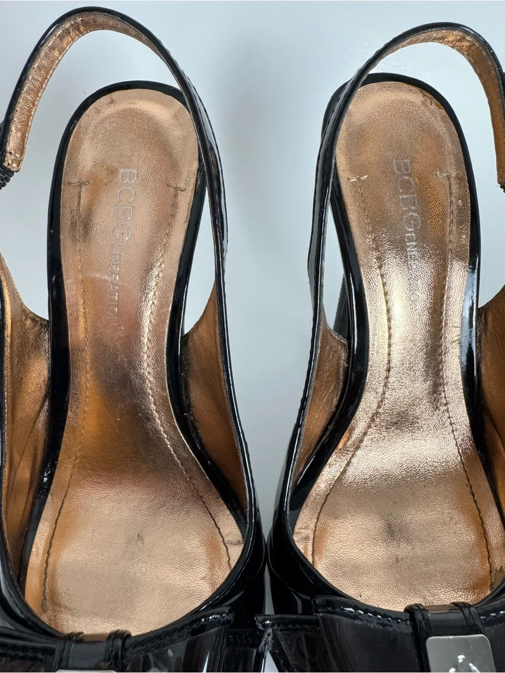 BCBGeneration Angelo Black Peep Toe Platform Slingback Stilettos Size 6
